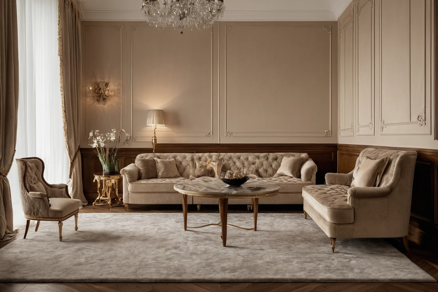 Salon with fully upholstered padded fabric walls in deep-buttoned capitonné silk velvet, running from skirting to cornice
