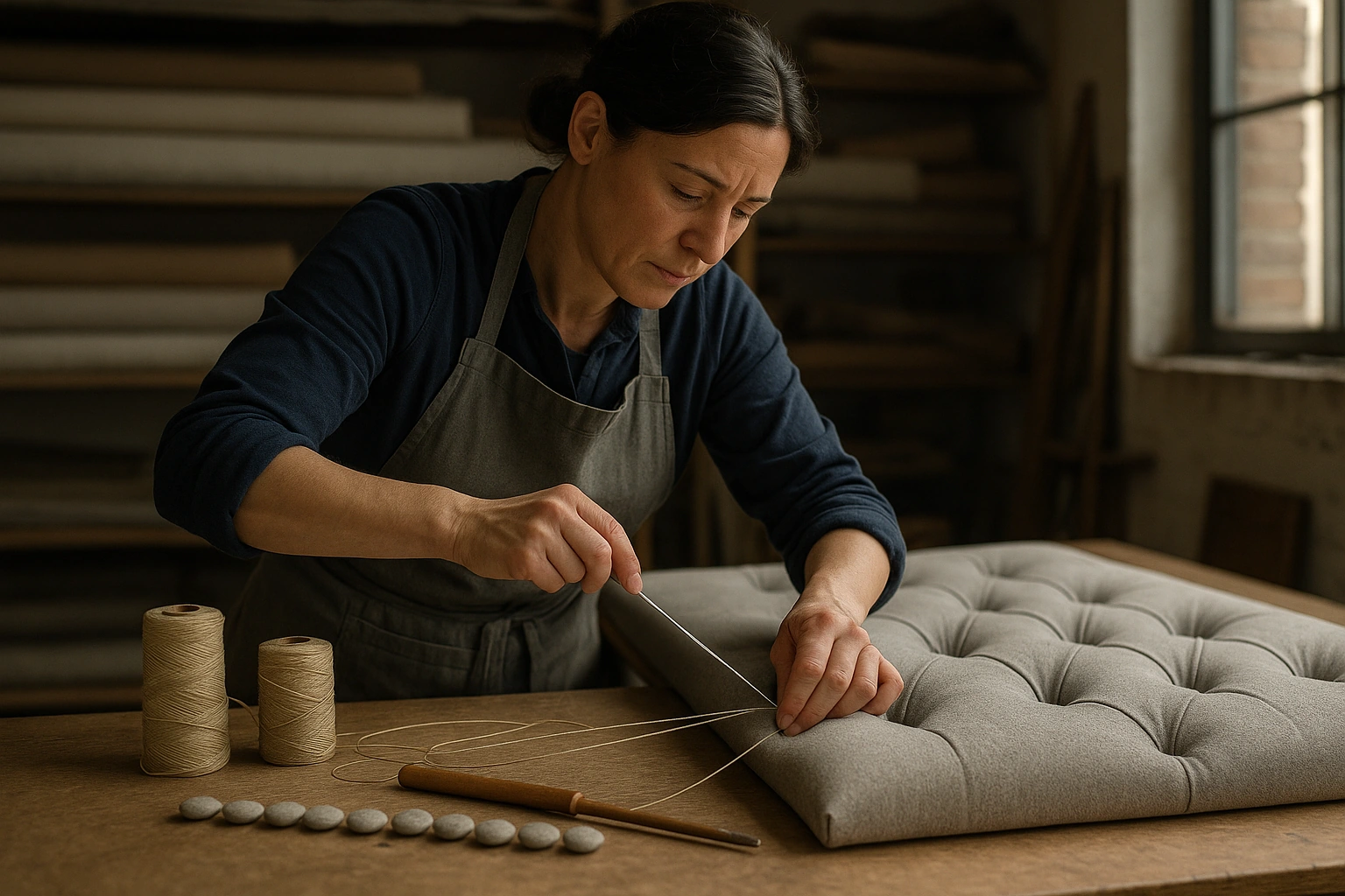 An upholsterer drawing a fabric-covered button down into a padded wall panel with a buttoning needle and twine at a workshop bench