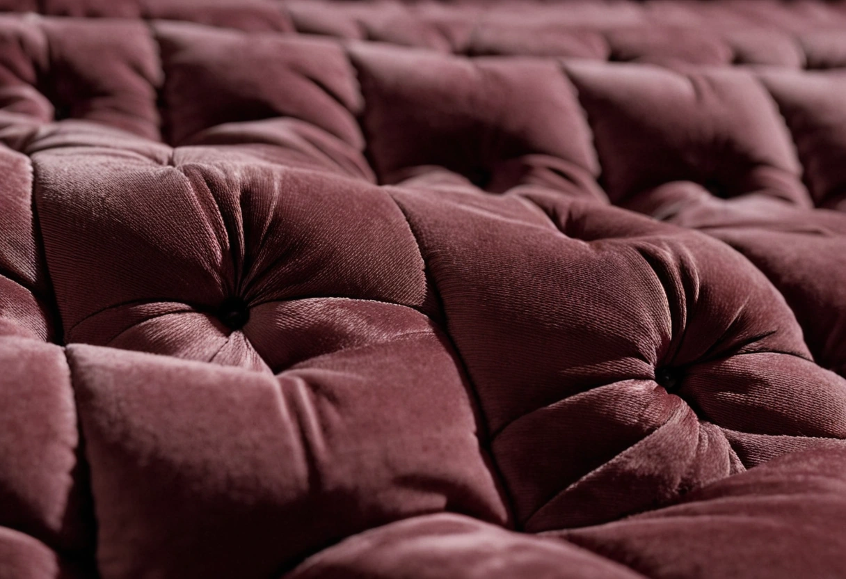 Macro view of deep-buttoned capitonné velvet upholstery, one covered button pulled into the wadding with pleats radiating from it