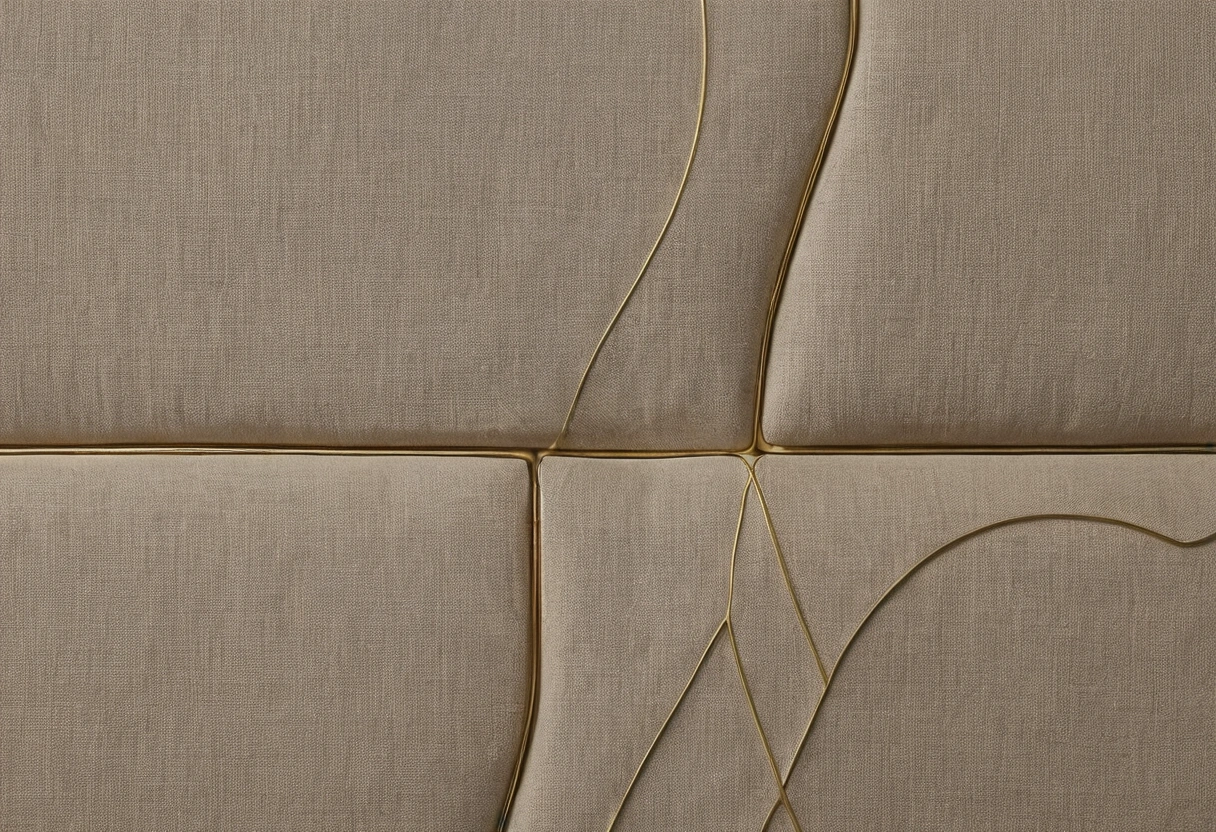 Upholstered wall panel worked as a low bas-relief, with a shallow sculpted geometric pattern raised out of a stretched fabric cover