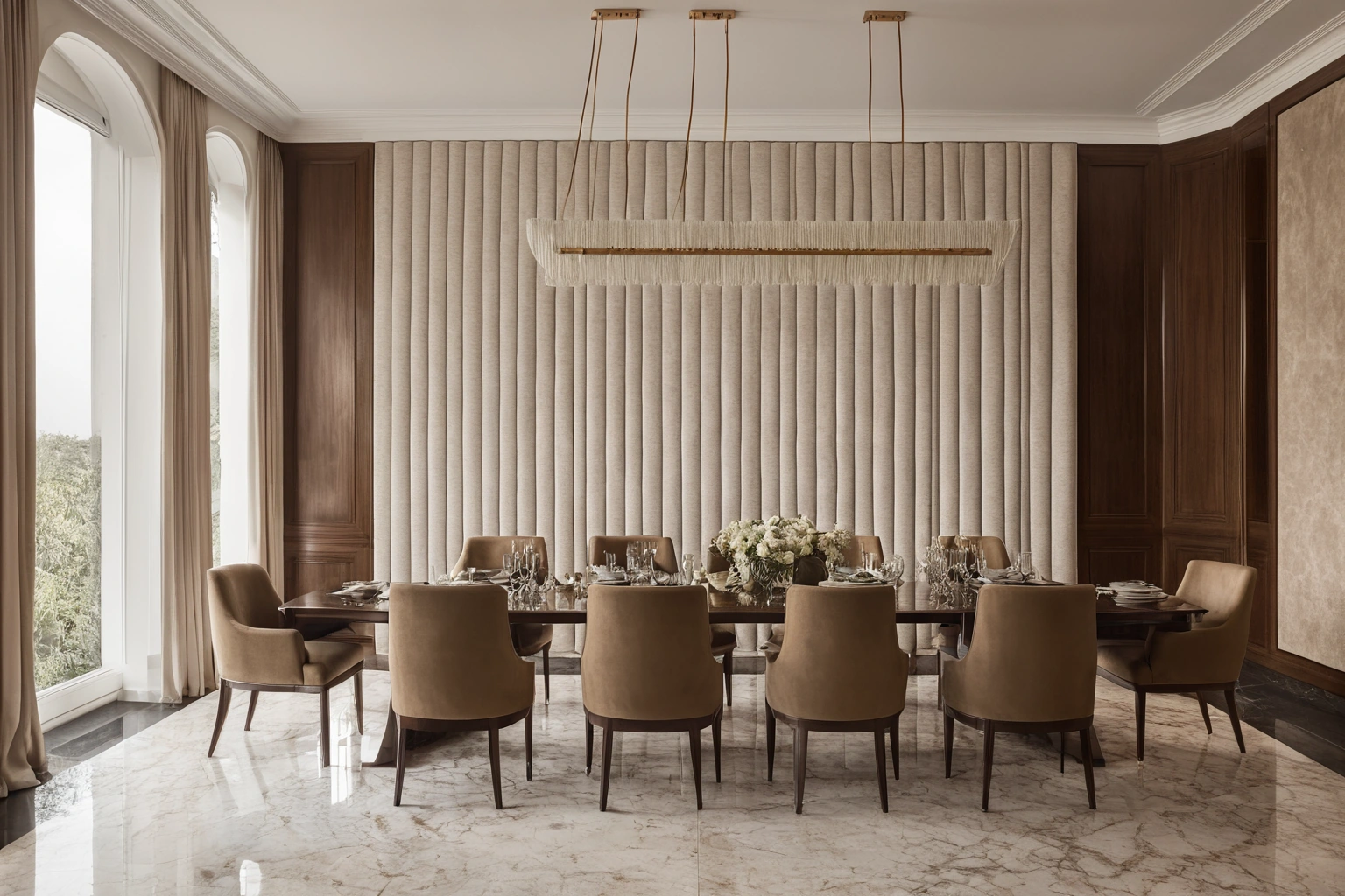 Dining room with full-height upholstered padded wall panels in ribbed wool relief, framed in walnut, opposite a marble floor